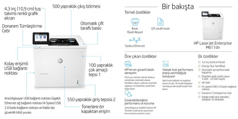 HP LaserJet Enterprise M611dn (7PS84A) HP LaserJet Enterprise M611dn (7PS84A) Temel Özellikler