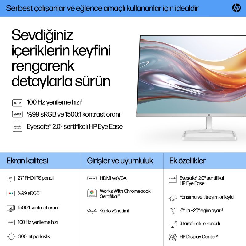 HP 527sw 27 inç FHD Beyaz Monitör (94F46E9) HP 527sw 27 inç FHD Beyaz Monitör (94F46E9) Özellikler